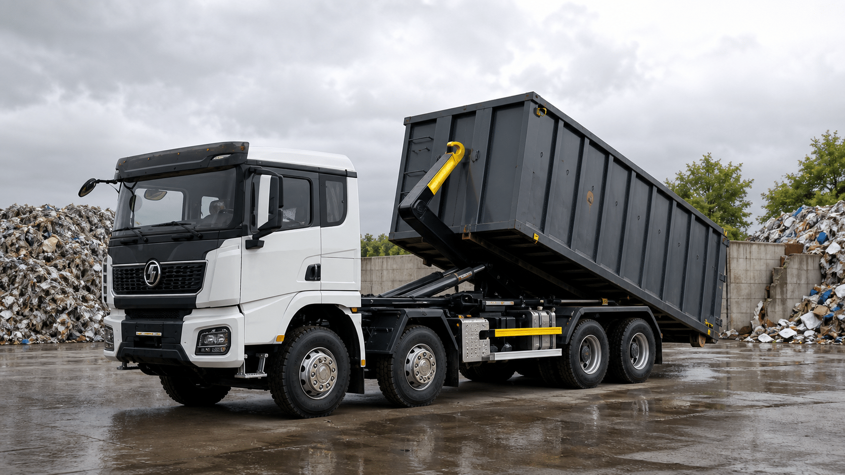Крюковой погрузчик SHACMAN X3000 8×4 загружает тяжёлый контейнер