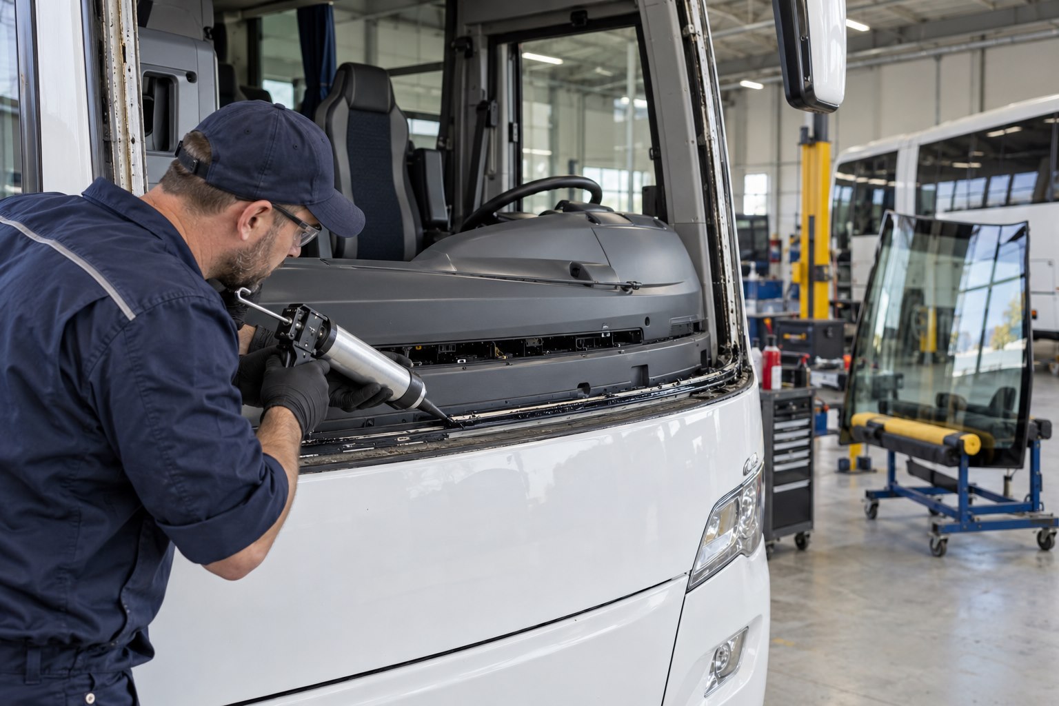 Подготовка автобуса к установке лобового стекла